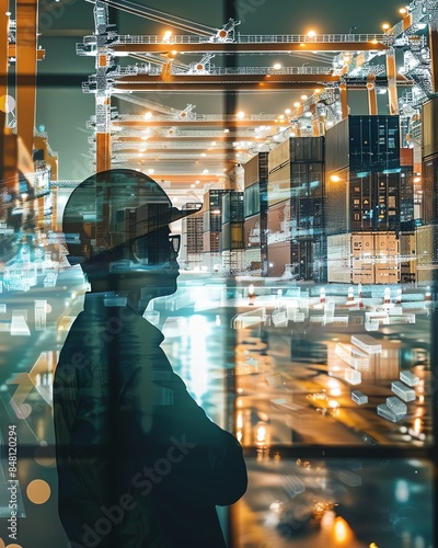 Silhouette of an engineer in a helmet with double exposure of a port at night, emphasizing construction, logistics, and industry.