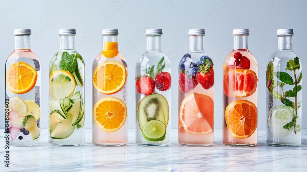 A collection of glass water bottles filled with infused water and slices of fresh fruit. A collection of glass water bottles filled with infused water and slices of fresh fruit.