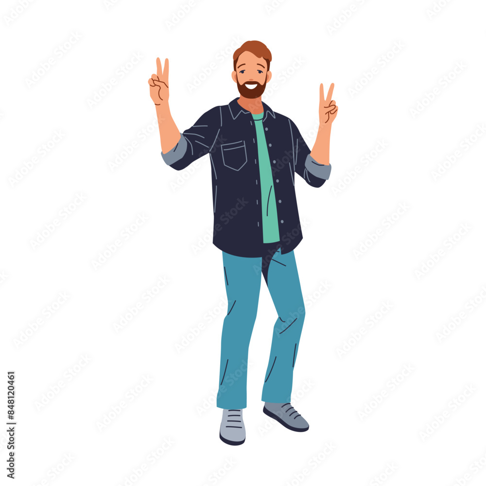 Joyful positive young male with beard and mustache making peace gesture with both hands near face, expressing positive carefree attitude. Isolated on white background Joyful positive young male with beard and mustache making peace gesture with both hands near face, expressing positive carefree attitude. Isolated on white background