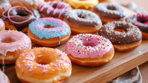 A colorful assortment of freshly baked donuts arranged on a serving tray, tempting and delicious. © Plaifah