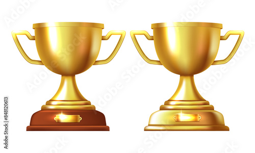 Golden goblet on a wooden stand. Vector 3d clipart.