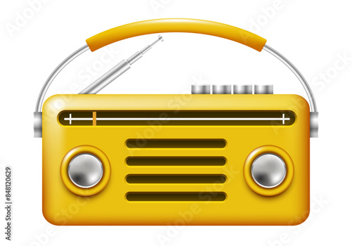 Retro radio icon. Yellow radio. Vector 3D clipart isolated on white background.