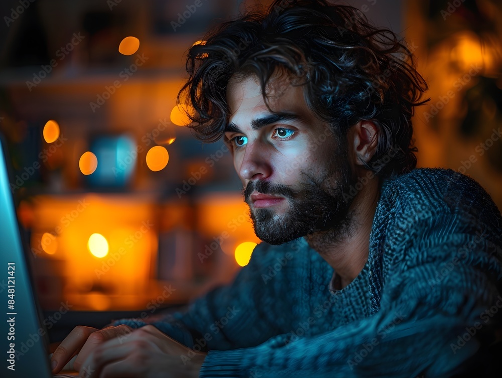 Focused Entrepreneur Working Late in Minimalist Office with Dim Lighting Focused Entrepreneur Working Late in Minimalist Office with Dim Lighting
