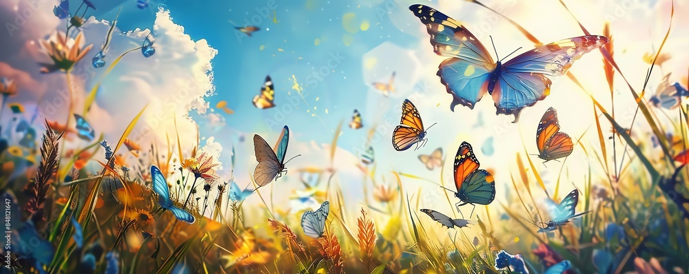 Vibrant butterflies fluttering in a meadow bathed in sunlight, surrounded by colorful wildflowers and a bright blue sky. Vibrant butterflies fluttering in a meadow bathed in sunlight, surrounded by colorful wildflowers and a bright blue sky.