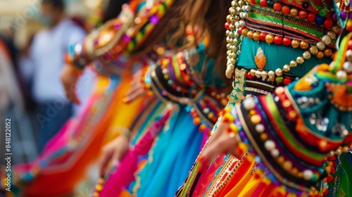 Close-up of traditional Lebanese dance attire, highlighting the dynamic motion and colorful details.