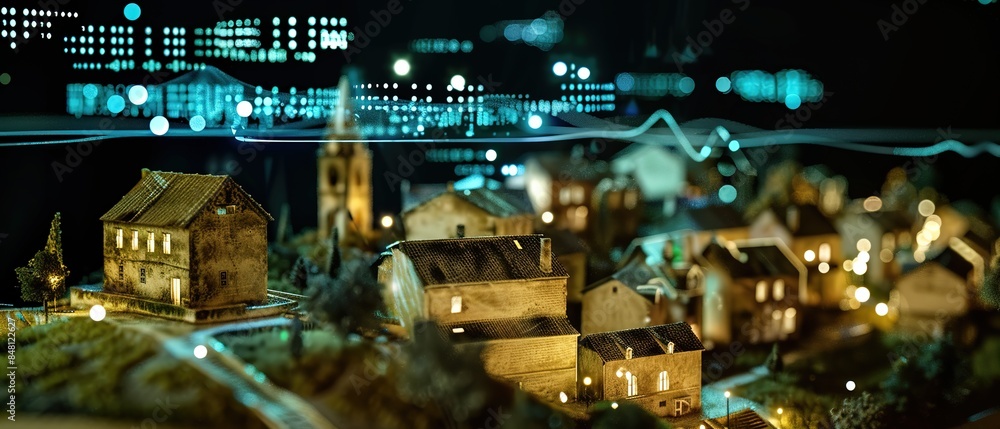 Conceptual visualization of a smart home in a small town with connected devices and real-time energy advertisements on a digital screen. 