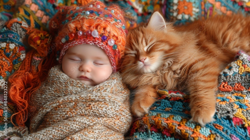Capture the bond between a newborn baby and their pet, as they snuggle up together for a nap. Capture the bond between a newborn baby and their pet, as they snuggle up together for a nap.