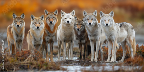 In the wintry forest, a pack of grey wolves, nature's predators, stand watch, their fur blending with snow.