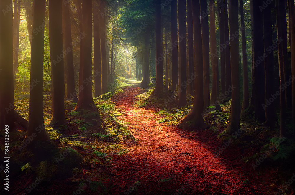 Fototapeta premium 木, 森, 山, 道, 山道, 林, 植物, 草, 光, 曇り, かすみ, tree, forest, mountain, path, mountain road, plant, grass, light, cloudy, haze