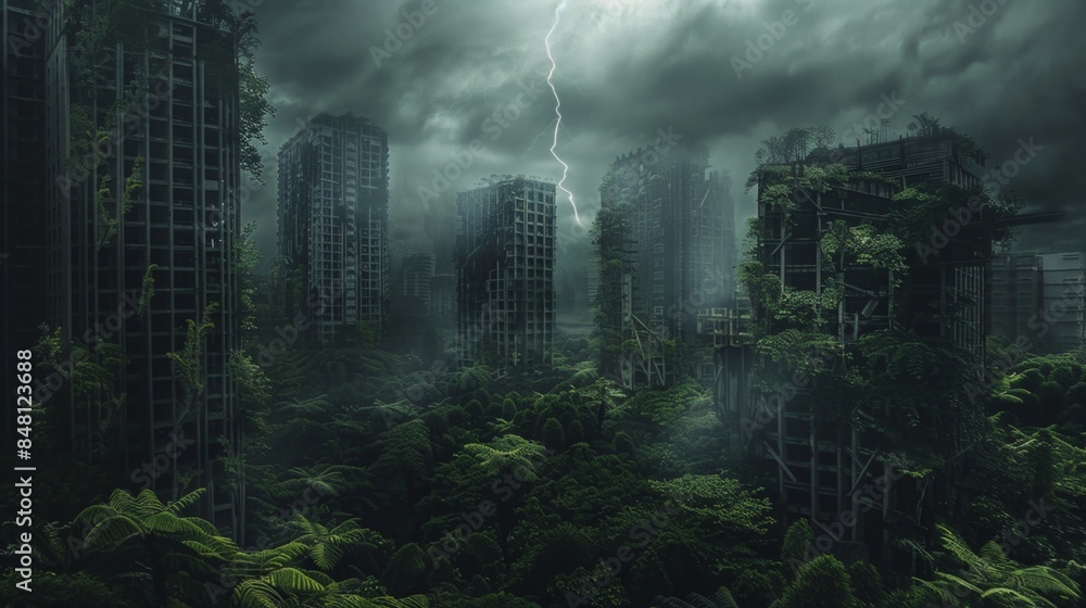 Naklejka premium Abandoned city debris in thunderstorm with lightning belt with green plants growing. Post apocalypse scene.