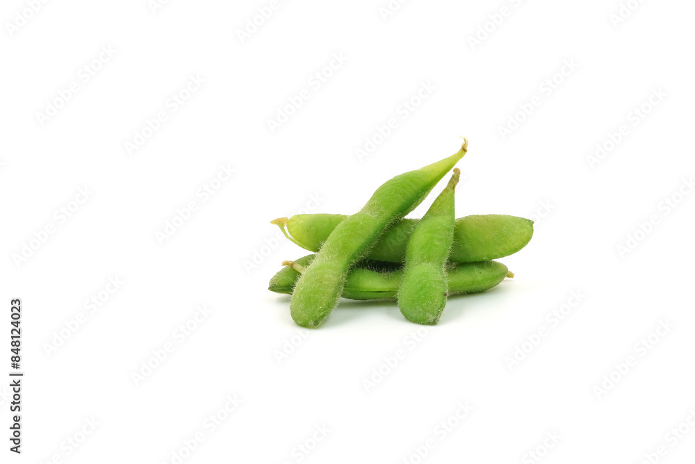 Fresh edamame soybeans and pods isolated on white background.