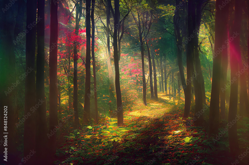 Naklejka premium 木, 森, 山, 道, 山道, 林, 植物, 草, 光, 曇り, かすみ, tree, forest, mountain, path, mountain road, plant, grass, light, cloudy, haze