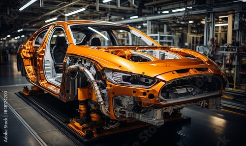Assembly of an Orange Car in Factory