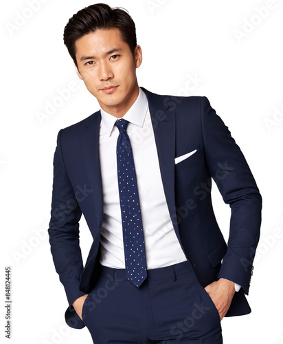 Confident businessman posing in blue suit with hands in pockets