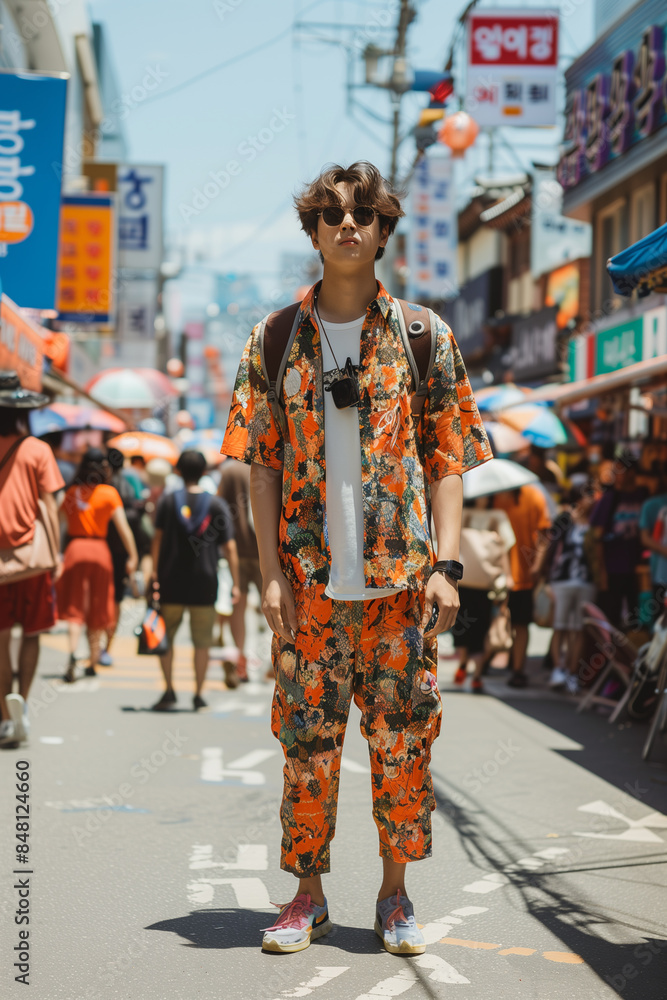 A street fashion, Korean man exuding cool confidence as he stands in an urban setting at sunset A street fashion, Korean man exuding cool confidence as he stands in an urban setting at sunset
