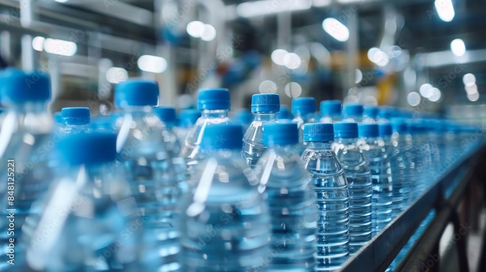 Rows of bottled water on a production line in a manufacturing facility, ready for packaging and distribution. Rows of bottled water on a production line in a manufacturing facility, ready for packaging and distribution.