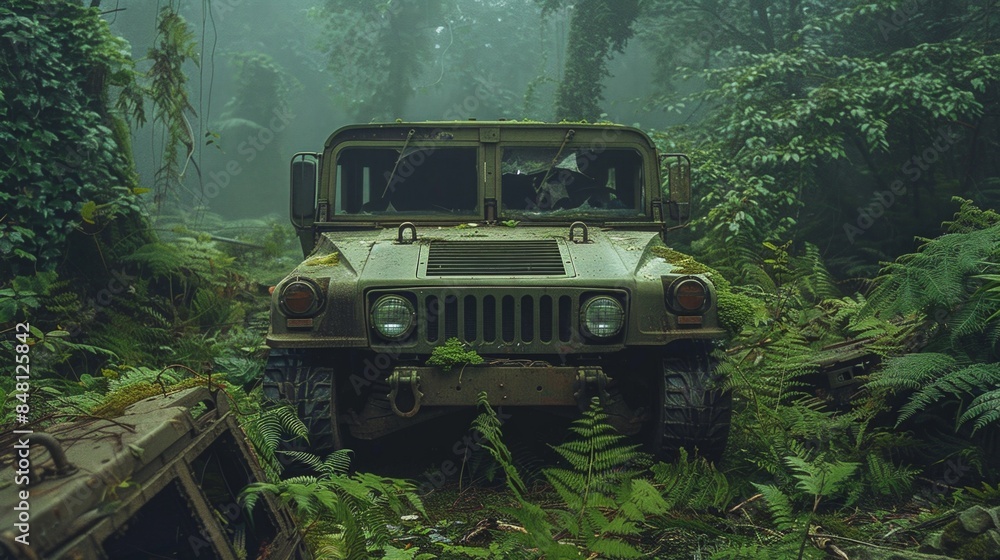 Obraz premium Abandoned military base debris with green plants growing. Post apocalypse scene.