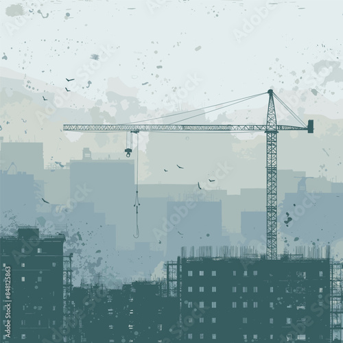 Construction crane against the background of buildings under construction