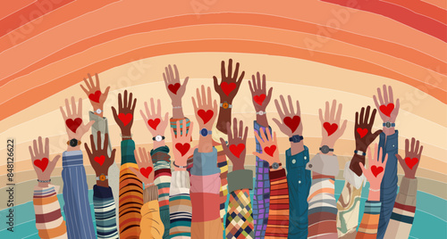 Banner whit raised hands of multicultural volunteer people holding a heart. Charity and solidarity donation. Community of volunteers. Voluntary concept. NGO. Aid. Volunteerism