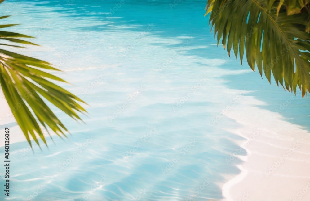Tropical leaf shadow on water surface. Shadow of palm leaves on white sand beach. Beautiful abstract background concept banner for summer vacation at the beach