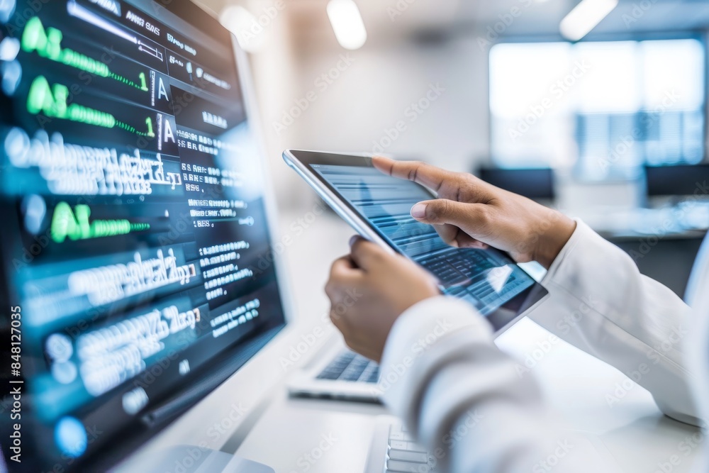 Scientist Using Tablet to Monitor AI Data in High Tech Lab Scientist Using Tablet to Monitor AI Data in High Tech Lab