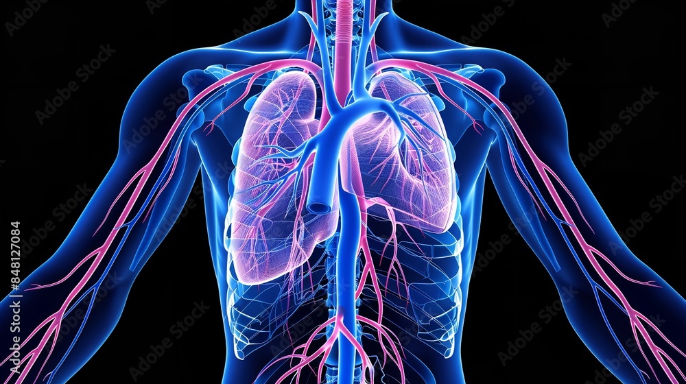 A 3D medical illustration depicting the human thoracic cavity and ...