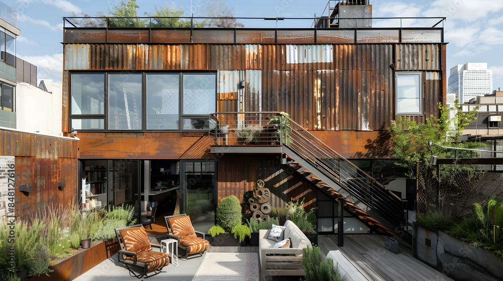 An industrial-style loft with a corrugated metal exterior, spread over ... - Industrial Style Loft Home Exterior