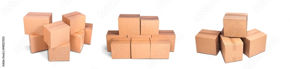 Title: cardboard pile or piles box or stack carton isolated on white background. Online marketing packaging boxes and delivery Title: cardboard pile or piles box or stack carton isolated on white background. Online marketing packaging boxes and delivery