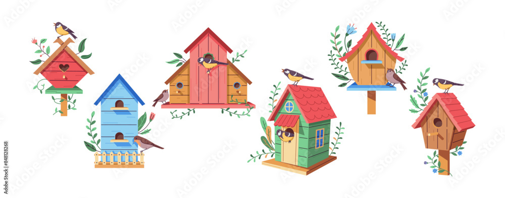 Birds nesting in birdhouses 2D cartoon objects set. Small wooden houses for avian animals flat line vector elements white background Birds nesting in birdhouses 2D cartoon objects set. Small wooden houses for avian animals flat line vector elements white background