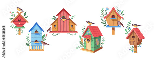 Birds nesting in birdhouses 2D cartoon objects set. Small wooden houses for avian animals flat line vector elements white background