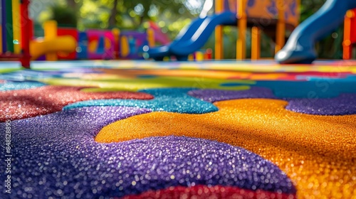 Close-up of outdoor play mats made from recycled plastics, placed in a vibrant play area for children.