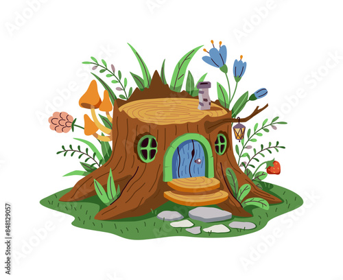 Magical cartoon house of a gnome or fairy from a large tree stump. The house is on a green lawn decorated with flowers and leaves. The house has a wooden door and windows