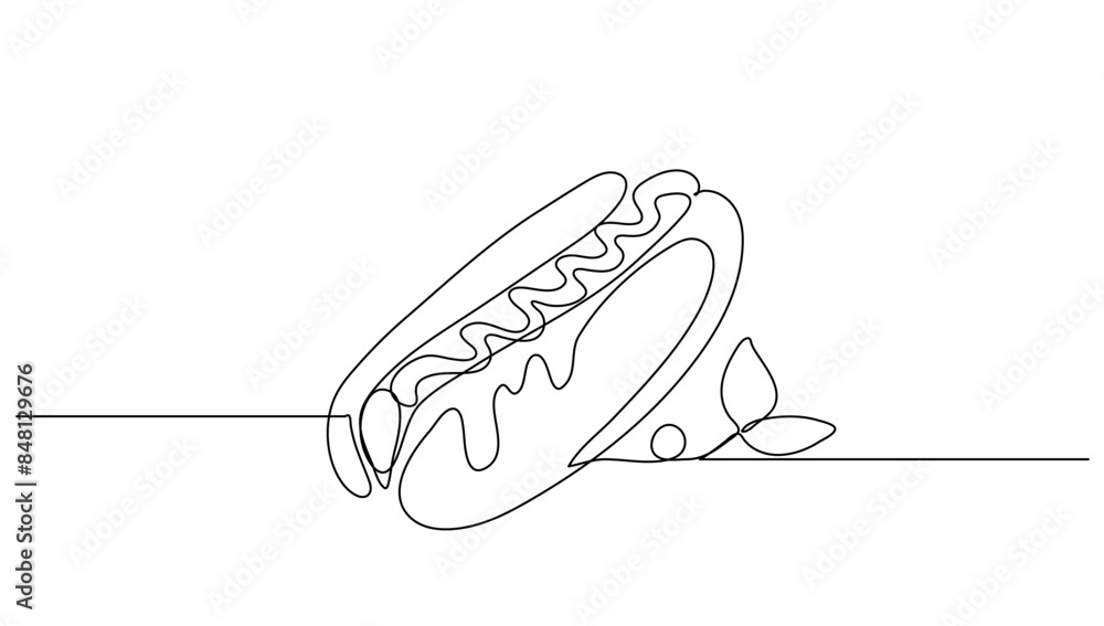 Continuous line art Hot Dog with ketchup and mayo melted for vector illustration. Concept fast food, food, restaurant, food business Continuous line art Hot Dog with ketchup and mayo melted for vector illustration. Concept fast food, food, restaurant, food business