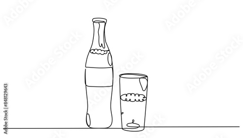 Continuous line art Cola drink with bottle and glass for vector illustration. Concept fast food, street food, restaurant, business