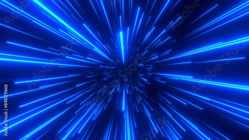 Bright radial light beams. Abstract background in blue neon glow color. Light burst in universe. Space background for event, party, carnival, celebration, anniversary or other. 3D rendering.