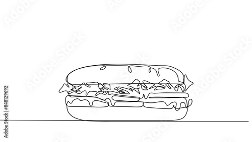 Continuous line art Long Burger with double beef and vegentable vector illustration. Concept fast food, food, restaurant, food business