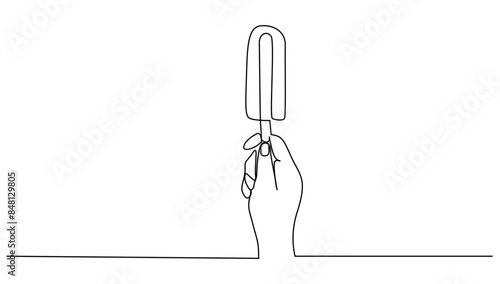 Continuous line hand holding ice cream stick. Concept ice cream food, street food, business vector illustration