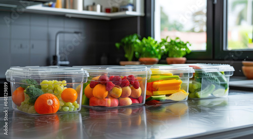 Closeup of transparent food containers with fresh fruits and vegetables on the kitchen counter, ready for a meal in the style of modern home interior background.