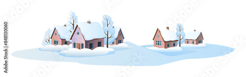Houses covered with fresh snowdrifts 2D cartoon objects. Winter village after heavy snowstorm isolated line vector scene on white background