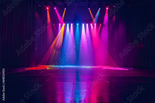Empty stage show scene, neon glowing spotlights, illuminated blurred smoke, nightclub interior. Template for banner, presentations, flyers, posters, mockup showcase, promotion display, product podium