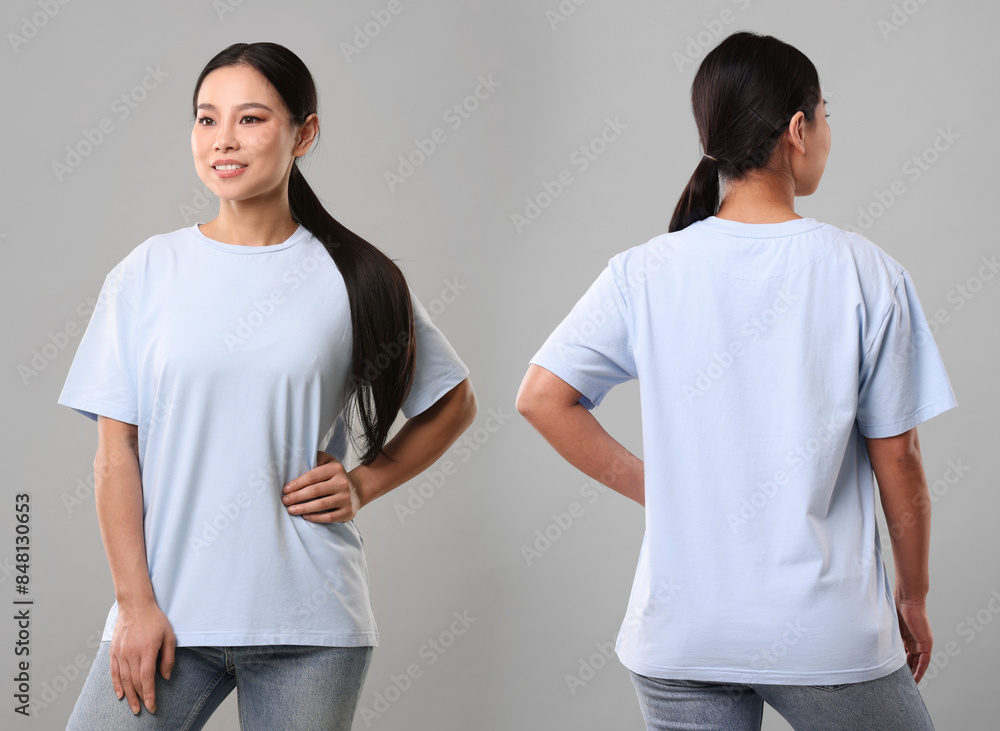 Woman wearing light blue t-shirt on grey background, collage of photos. Front and back views Woman wearing light blue t-shirt on grey background, collage of photos. Front and back views
