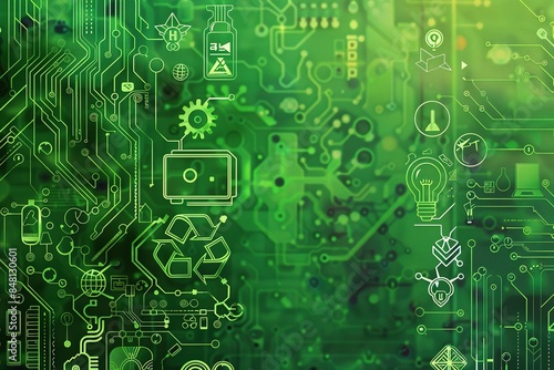 Green hi tech, mechanical technology, environmental care and sustainable development banner with icons