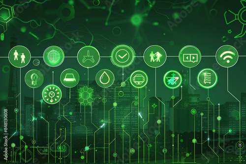 Green hi tech, mechanical technology, environmental care and sustainable development banner with icons