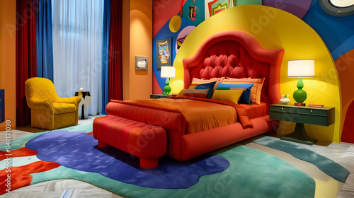 Colorful bedroom with a bold red bed, a yellow armchair, a blue rug, and multicolored walls photo