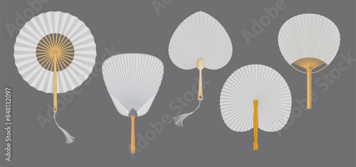 Traditional Asian hand fans of white paper realistic vector illustration set. Traditional souvenir accessory from Asia 3d objects on grey