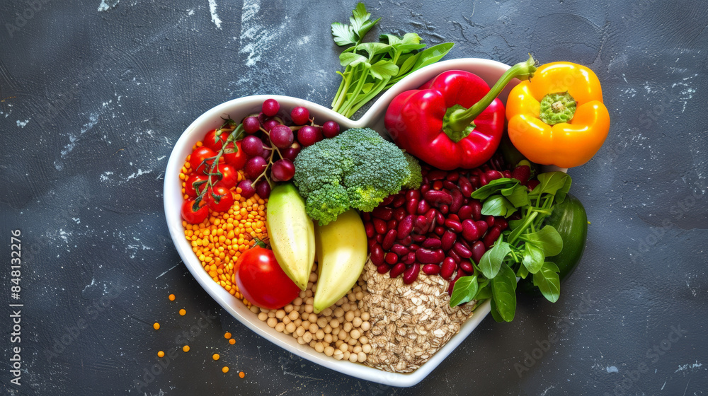 heart shaped bowl filled with fruits and vegetables on wooden background heart shaped bowl filled with fruits and vegetables on wooden background