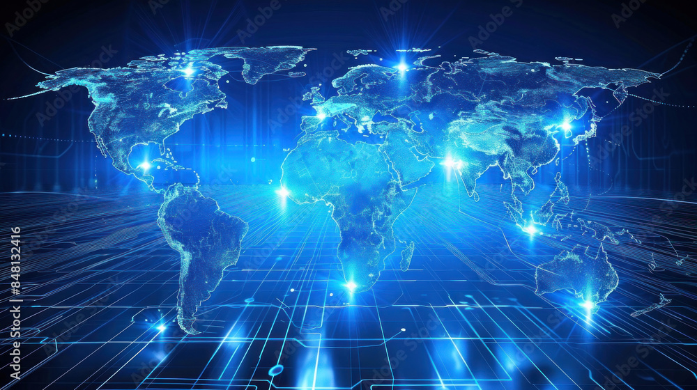 A blue background with a world map full of lights and interconnected lines inside a computer screen. Concept of technology and development in global communication. A blue background with a world map full of lights and interconnected lines inside a computer screen. Concept of technology and development in global communication.
