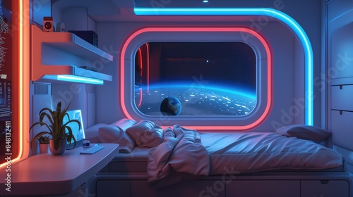 Fototapeta Naklejka Na Ścianę i Meble -  Interior of a sleeping pod of a spaceship with neon strip lights, minimalsit design