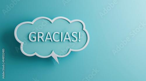 A papercut chat bubble with text "GRACIAS" on a soft blue background