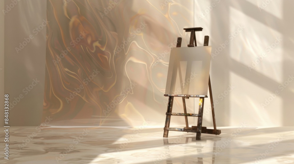 A contemporary art easel with a sleek design, displayed on a clear background with abstract organic patterns, highlighting its modern aesthetics and functionality. A contemporary art easel with a sleek design, displayed on a clear background with abstract organic patterns, highlighting its modern aesthetics and functionality.